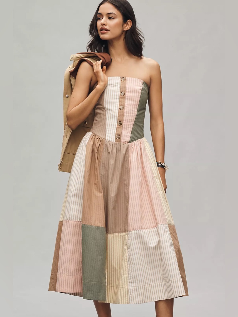 Maeve Strapless Patchwork Midi Dress in Pink, Beige & Olive